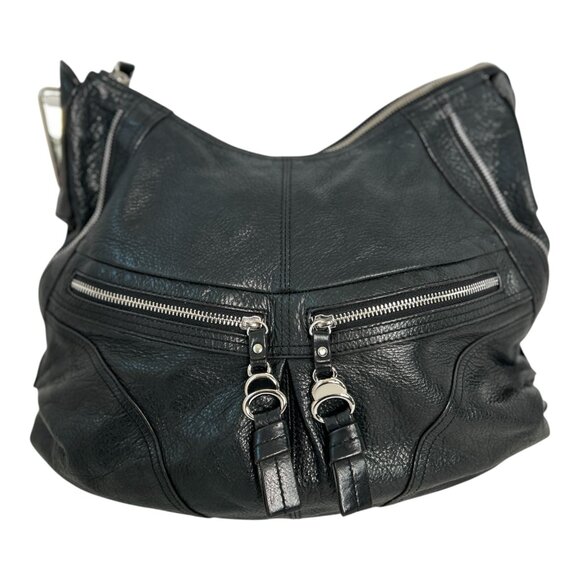 B Makowsky Black Leather Shoulder Bag with Tiger Print Inside Lining - Picture 1 of 10